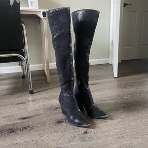 Black vinyl snakeskin thigh high boots